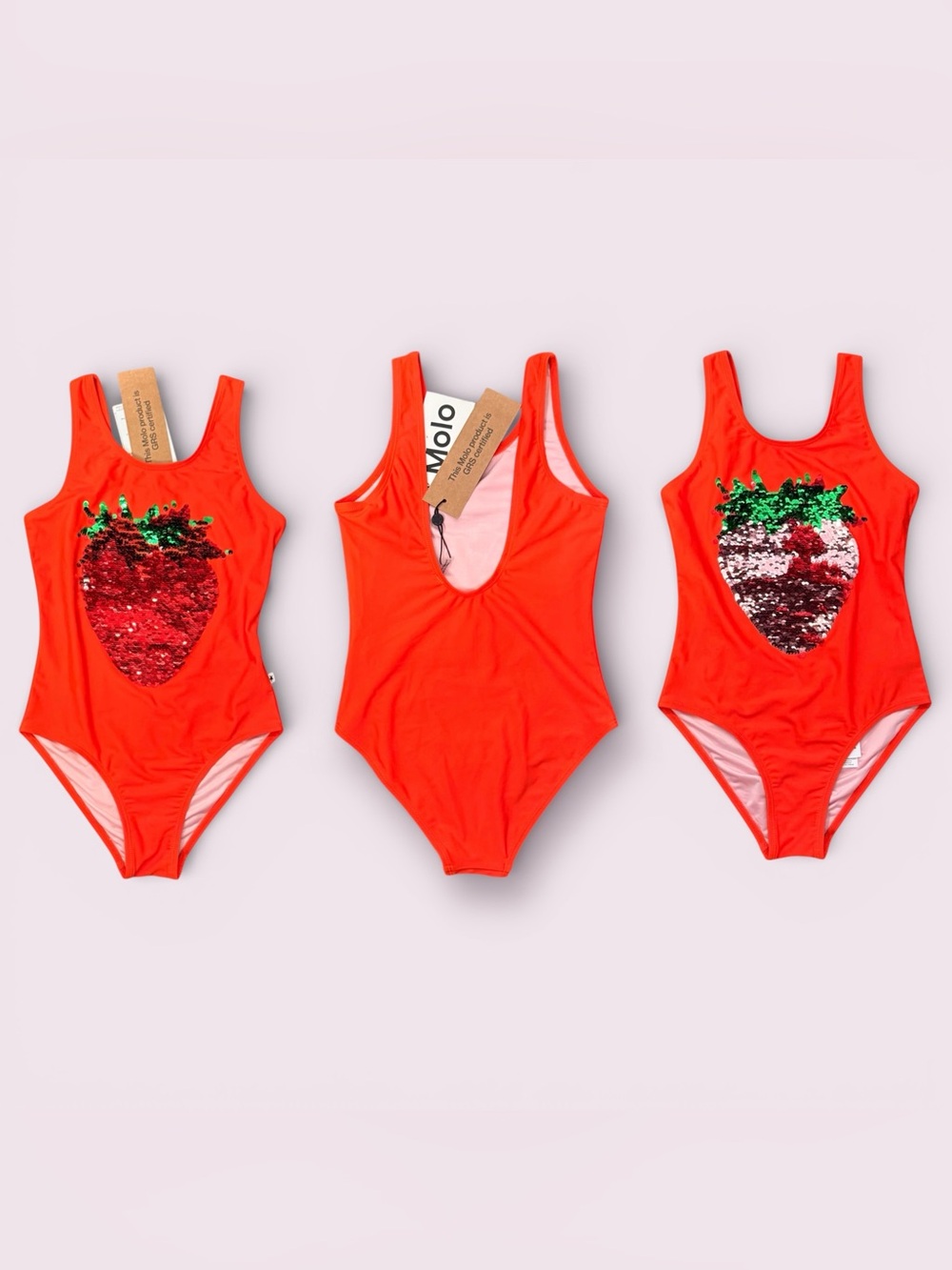 NWT-MOLO Reversible Sequin Strawberry Swimsuit 🍓 Girls Designer Swimsuit 7/8